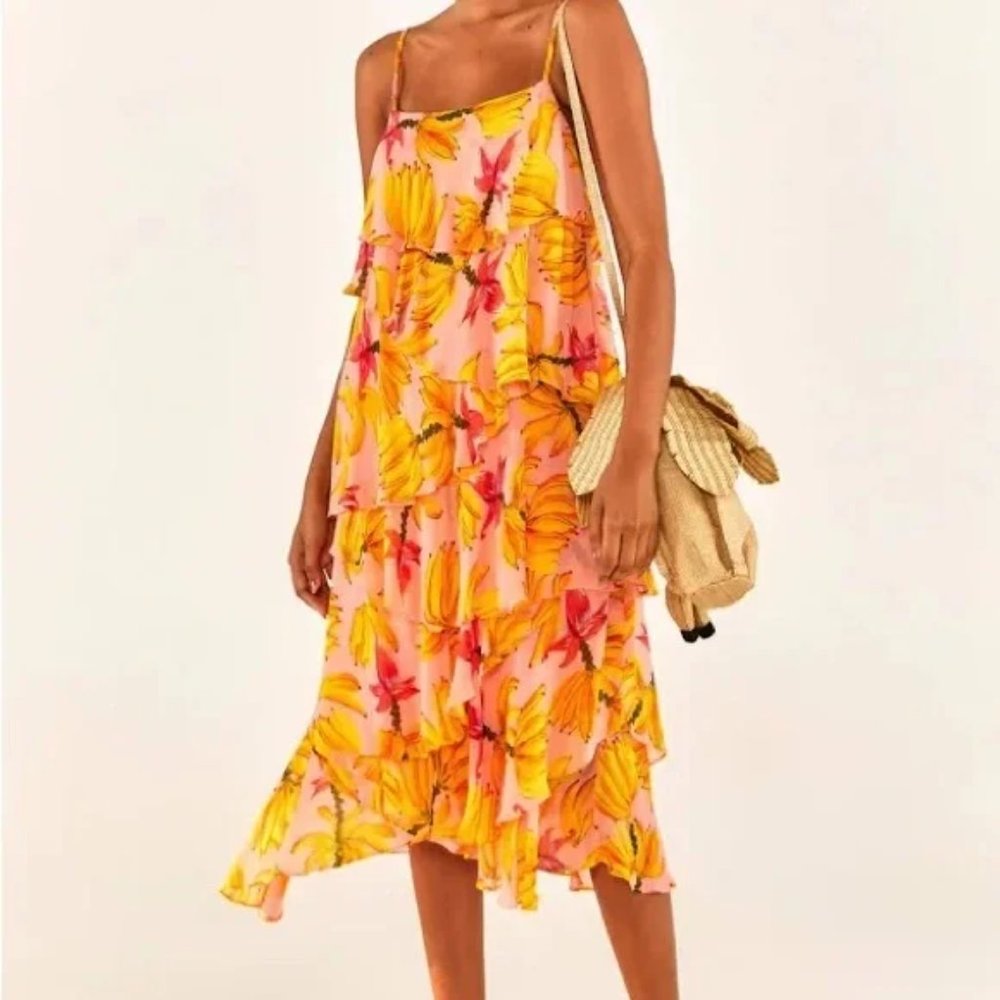 Farm Rio Banana Taste Irregular Midi Ruffle Dress - Picture 2 of 5